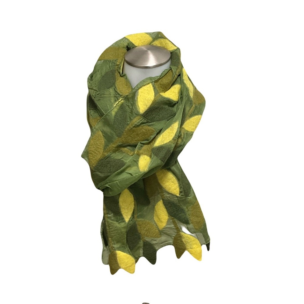 Nuno Felted Wool and Silk Leaf Patterned Green and Yellow Scarf